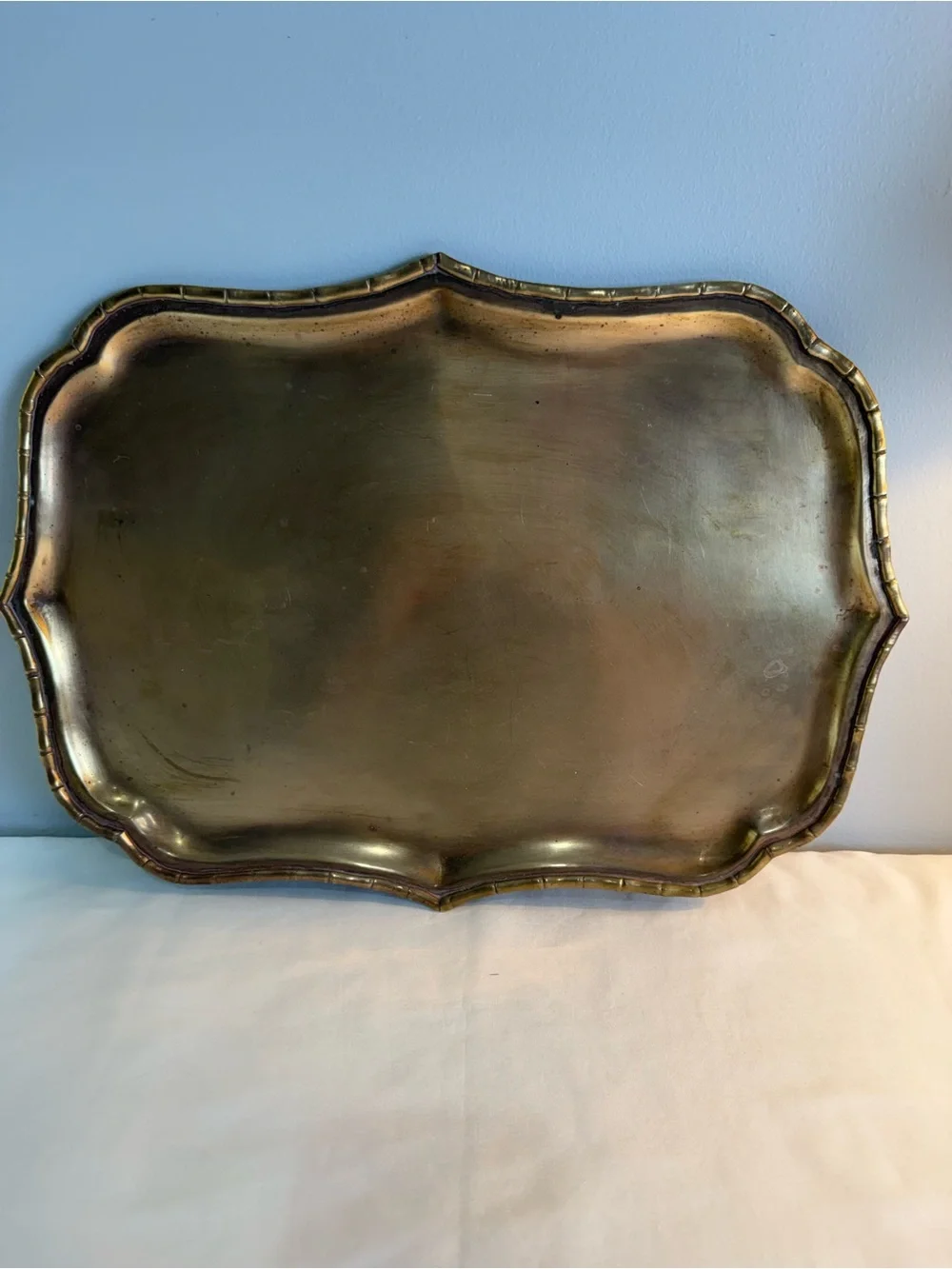 Vintage Oval Brass Tray Featuring A Distinctive Faux Bamboo Edge. Made In India